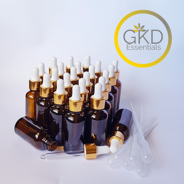 1 oz Amber Glass Dropper Bottles with Gold and White top